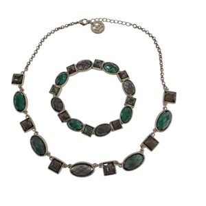 Modern Crown Trifari Faceted Gold Tone Bezel Setting Necklace & Bracelet Set